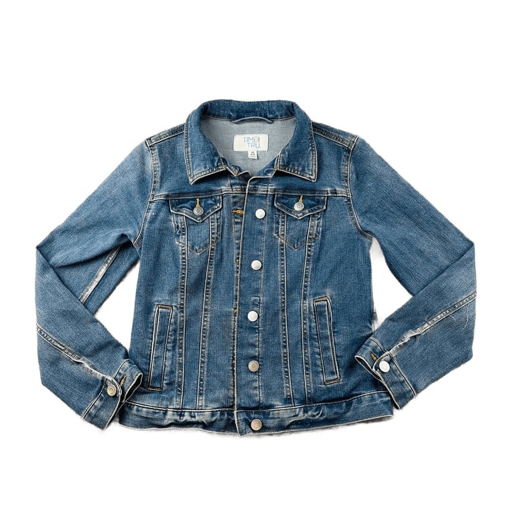Time and Tru Denim Trucker Jacket Women XS Blue Solid Relaxed Outerwear Festival